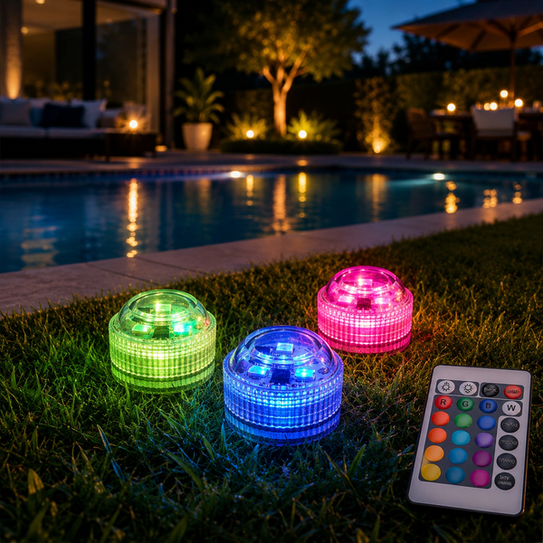 Подводные RGB LED светильники для бассейна с пультом, на батарейках, комплект 4 шт G5705 фото
