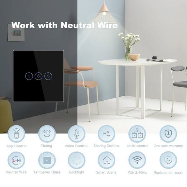 3-х канальный (с нейтралью) выключатель света Bseed Smart Wifi G2263 фото