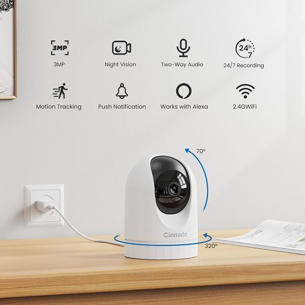 Внутрішня камера відеоспостереження Cinnado WiFi, нічне бачення, огляд 360&deg; 1264-1 фото
