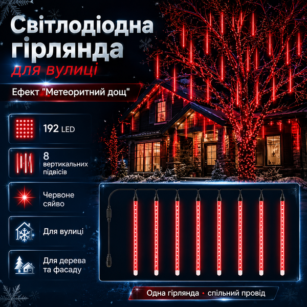 Вулична світлодіодна гірлянда &laquo;Метеоритний дощ&raquo; червона, 192 LED G5801 фото