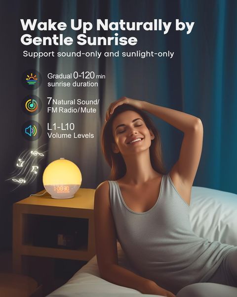 Світловий будильник Dekala Sunrise Wi-Fi, FM-радіо, розумне підсвічування G4047 фото