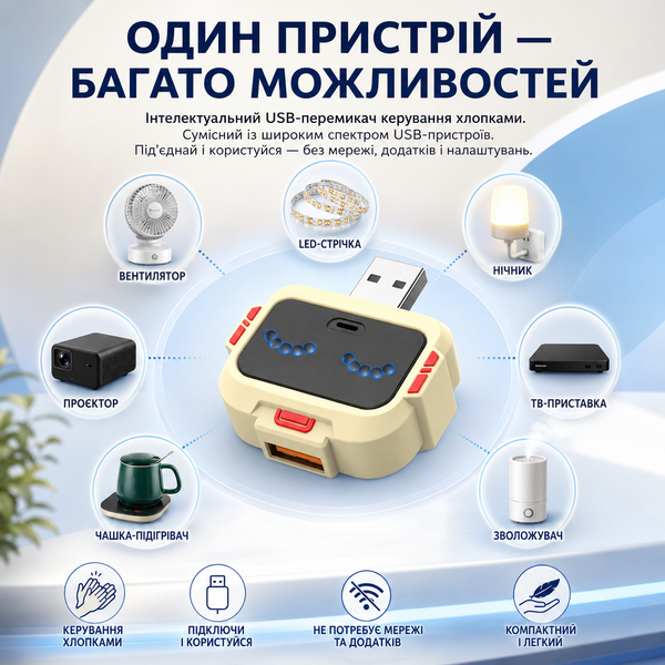 USB вимикач з керуванням хлопком для USB-пристроїв, без Wi-Fi та додатка G5717 фото